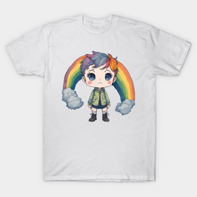 watercolor sad rainbow boy illustration sticker T-Shirt by FRH Design